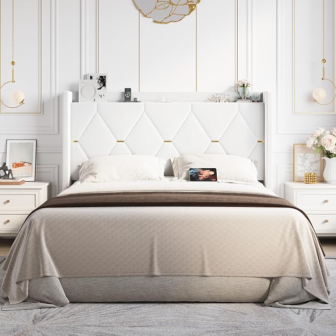 Allewie Full Size Bed Frame with Storage Headboard & Charging Station | Diamond Tufted Design & Gold Trim, Velvet Upholstered Platform Bed, No Box Spring Needed, Easy Assembly, Noise-Free, White