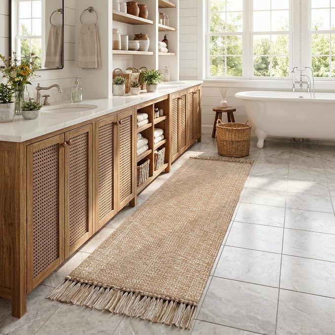 Collive Boho Kitchen Runner Rug, 2' x 7' Washable Modern Farmhouse Bathroom Mats, Hand-Woven Rug Runners Hallway Tan Reversible Bedroom Carpet for Laundry Entryway Home Decor