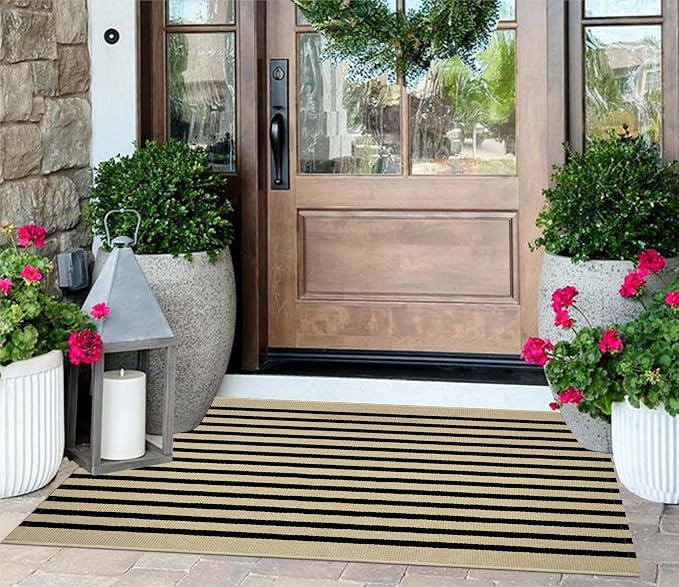 Front Door Mat Outdoor 24"x51",Tan and Black Striped Porch Rug Cotton Woven Washable Indoor Outdoor Layered Doormat Farmhouse Small Area Rug for Porch/Entryway/Home Entrance Decor