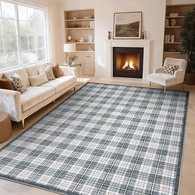 GarveeHome Checkered Area Rugs 6x9 for Living Room, Machine Washable Non Slip Backing Rug, Stain Resistant Low-Pile Indoor Carpet for Bedroom Dining Room Office Nursery Grey
