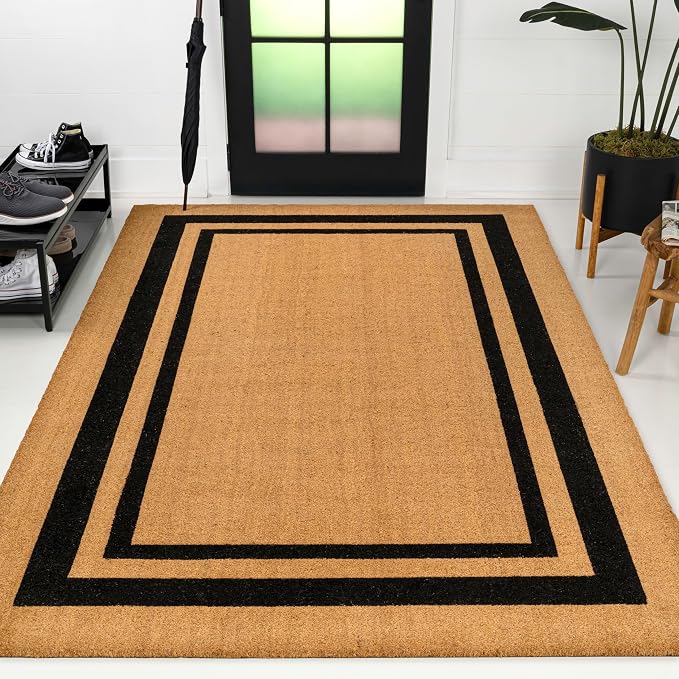 JONATHAN Y Double Border Indoor Outdoor Doormat 5X8 Natural/Black, Blaire Modern Classic for Living Room, Bedroom, Kitchen, Office, Easy-Cleaning, High Traffic, Pet-Friendly, Non-Shedding NRF107A-5