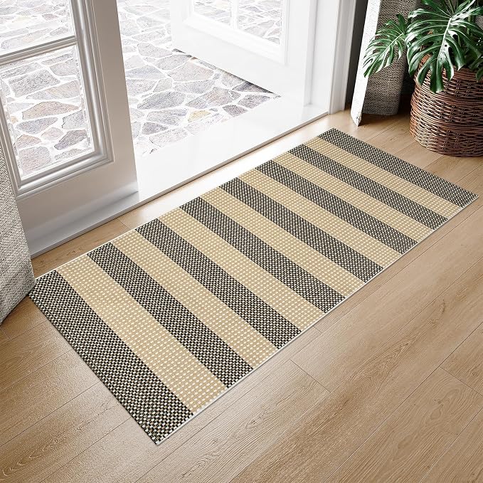 OJIA Front Door Rug 24"x51" Outdoor Doormat Washable Door Mats Porch Rug | Front Door Mat Outside Entrance Tan Woven Striped Outdoor Mat Entryway Rugs Indoor Small Area Rug for Kitchen Entry Bathroom