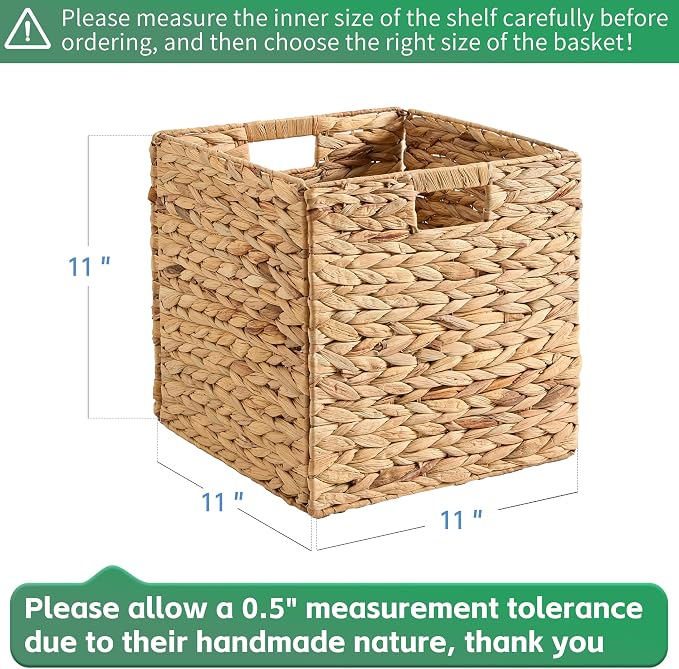 11x11x11 Wicker Storage Basket Set of 4, Water Hyacinth Woven Basket with Handles, Wicker Cube Storage Bins for Shelves, Foldable Square Storage Cubes for Living Room Bedroom Organizing, Natural