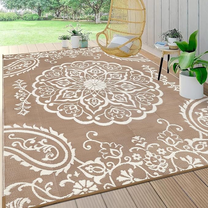 Pauwer Outdoor Rug 9x12, Waterproof Plastic Straw Camping Rug, Boho Brown | Reversible Patio Rug, UV Resistant Indoor Outdoor RV Mat Carpet For Deck, Camper, Porch, Balcony, Backyard, Picnic, Foldable