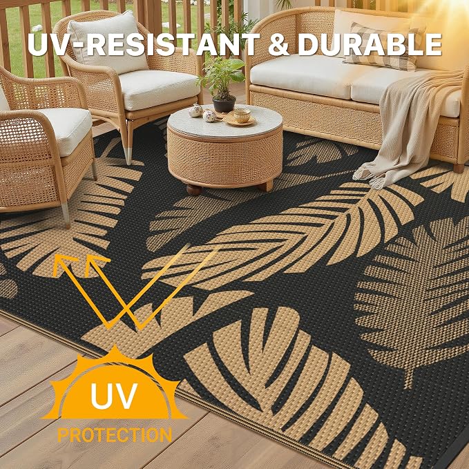 GENIMO Outdoor Rug, Waterproof Plastic Rugs for Patio, 5'x8' Black Brown | Outside Larger Leaf Carpet Mat for Porch Decor, Deck, Balcony, Camping, RV, Backyard, Picnic, Beach, Reversible, Foldable