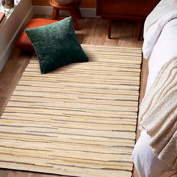 Ramanta Home 100% Cotton Hand Woven Tonal Chindi Rag Rug 3'x5' - Beige, Recycled Reversible Rug, Boho Rustic Farmhouse Rugs for Living Room, Dinning Room, Kitchen Floor Mats - 36"x60"