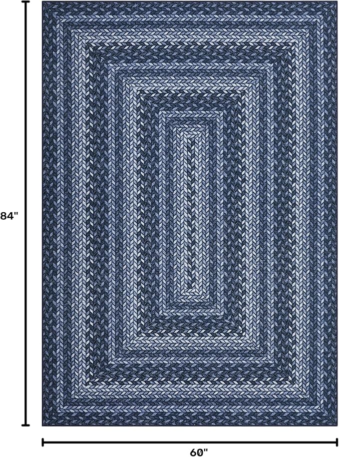 Garvee Easy Jute Outdoor Rug 5x7 Washable Rug Non Slip Braided-Print Neutral Rugs for Living Room Indoor Outdoor Farmhouse Rugs Ultra-Thin Non-Shedding Foldable Mat for Bedroom Kitchen Porch Navy Blue