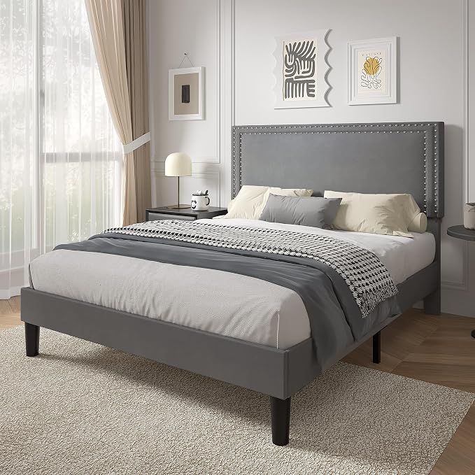 VECELO Queen Size Platform Bed Frame with Height Adjustable Upholstered Headboard, Modern Mattress Foundation,Strong Wood Slat Support, No Box Spring Needed, Easy Assembly,Dark Grey