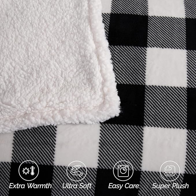 Elegant Comfort Ultra Soft Reversible Buffalo Plaid Flannel Sherpa Blanket - Cozy Silky Checkered Fleece Throw for Couch, Bed - Plush Fuzzy Warm Winter Blanket for Gift, King, Black