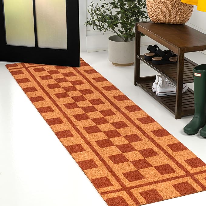 JONATHAN Y Natural Coir Indoor/Outdoor Runner Rug 2X8 Natural/Red, Peater Classic Casual Commerical Doormat Ideal for Door Entrance, Patio, Porch, Backyard, Garages NRF109A-28