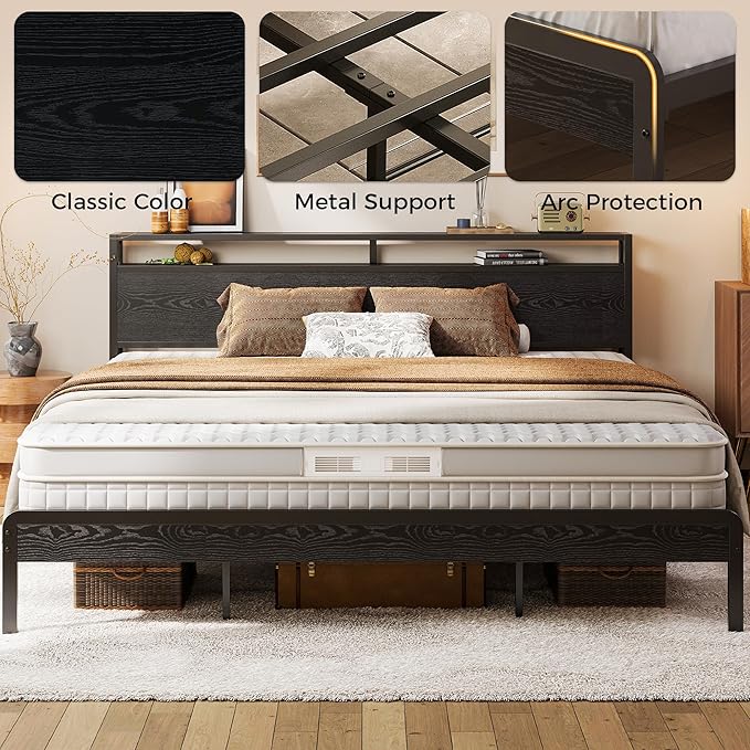 LIKIMIO King Size Bed Frame with 2-Tier Storage Shelf Headboard | Dark Wood Platform Bed, Camas King with Strong Metal Supports, Sturdy, Noise-Free, No Box Spring Needed, Black
