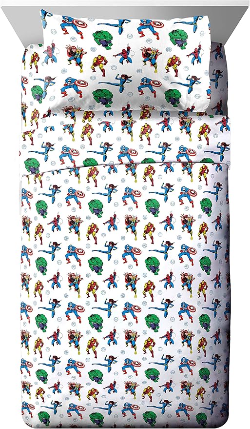Marvel Comics Iron Man Twin Comforter Set 4 Piece Kids Bedding, Multi | Hulk Captain America, Bed in a Bag, Comforter Sheets Pillowcase, Soft Microfiber, Machine Washable, Boys Gift