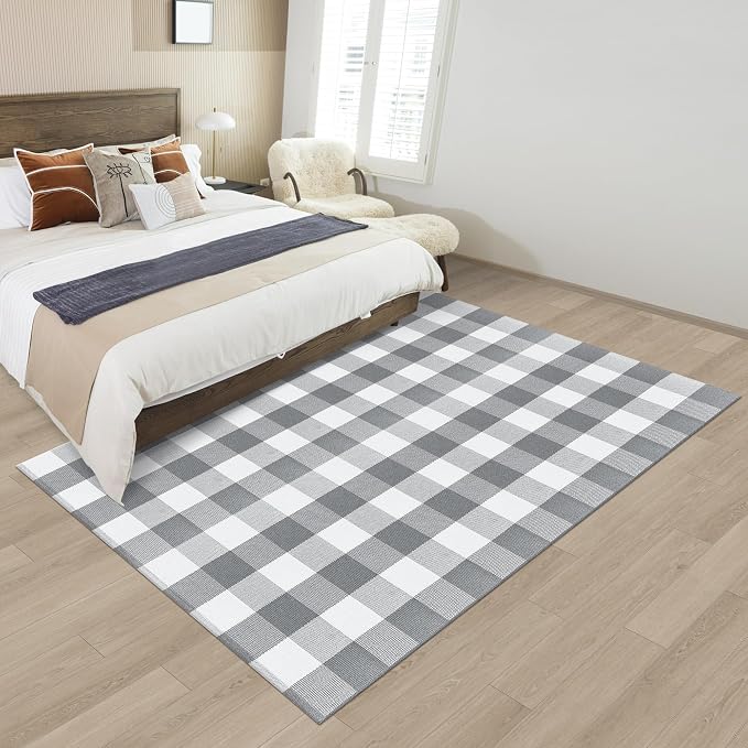 Buffalo Plaid Outdoor Patio Rug 4x6 Feet Buffalo Check Rug Cotton Woven Grey and White Checkered Outdoor Indoor Rug Washable Carpet for Living Room Dining Room Bedroom Farmhouse