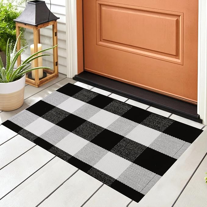 uxcell Buffalo Check Rug,Plaid Outdoor Rug,Layered Door Mat,Cotton Gingham Rugs,Floor Mat for Front Porch/Runner/Bedroom/Kitchen/Farmhouse 28"x18" Black & White