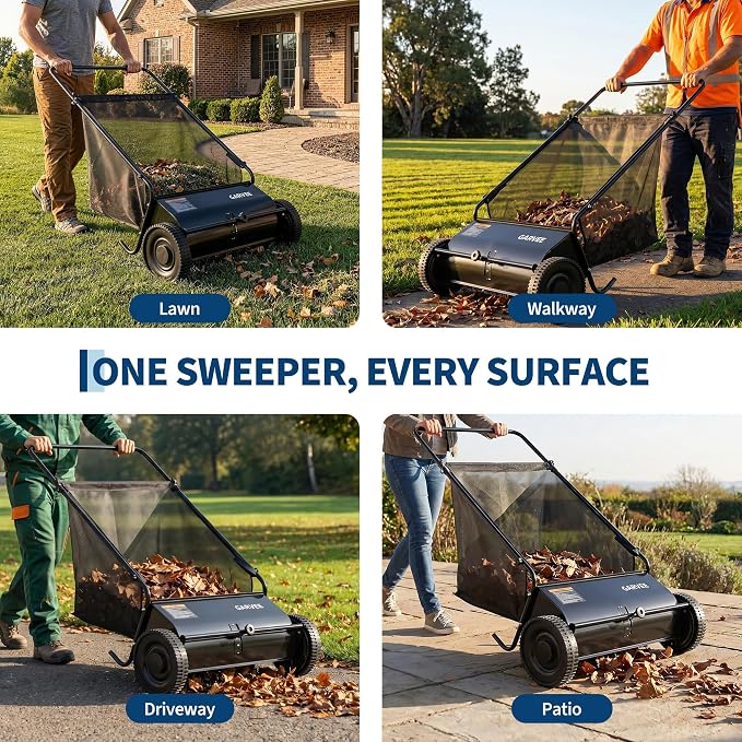 Garvee 26 Inch Push Lawn Sweeper, Walk Behind Leaf Grass Collector with 7 Cu ft Hopper Bag, Carbon Steel Frame, Yard Sweeper with Adjustable Brush Height for Garden Patio Driveway Leaves Cleanup | 7 Cu ft Hopper Bag, Carbon Steel Frame, Yard Sweeper wi...