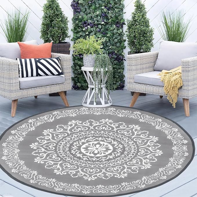Pauwer Outdoor Rug 6ft, Waterproof Plastic Straw Camping Rug, Floral Grey | Reversible Patio Rug, UV Resistant Indoor Outdoor RV Mat Carpet For Deck, Camper, Porch, Balcony, Backyard, Picnic, Foldable