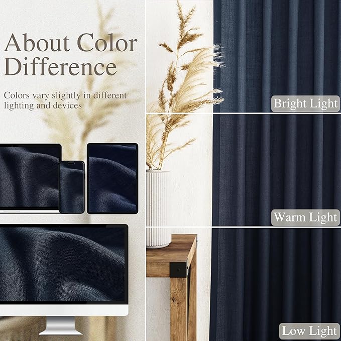 Nanspring Navy Blue Linen Curtains for Living Room 2 Panels Set Extra Long Back Tab Light Filtering Semi Sheer Curtain Drapes for Bedroom Neutral Farmhouse Ceiling to Floor for Large Window 52x100