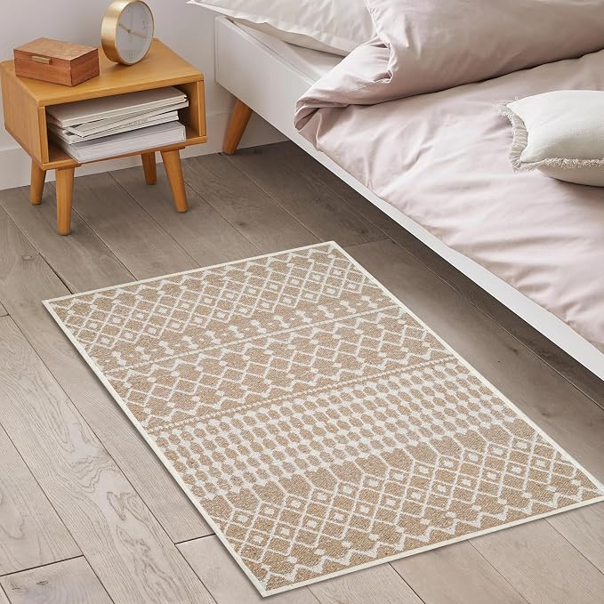 THE BEER VALLEY Moroccan Kitchen Runner Rug 27x45 Inch - Beige | Non Slip Cotton Woven Rugs for Laundry Room, Washable Boho Outdoor Area Runners