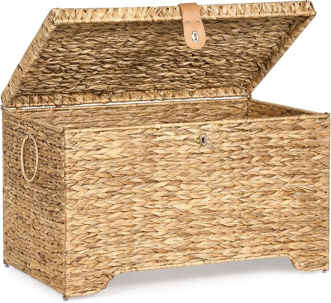Honjourai Handwoven Storage Basket with Lid, 165L Wicker Storage Trunk | Natural Water Hyacinth Storage Chest, Leather Buckle, Metal Frame, Metal Ring Handles for Easy Transport