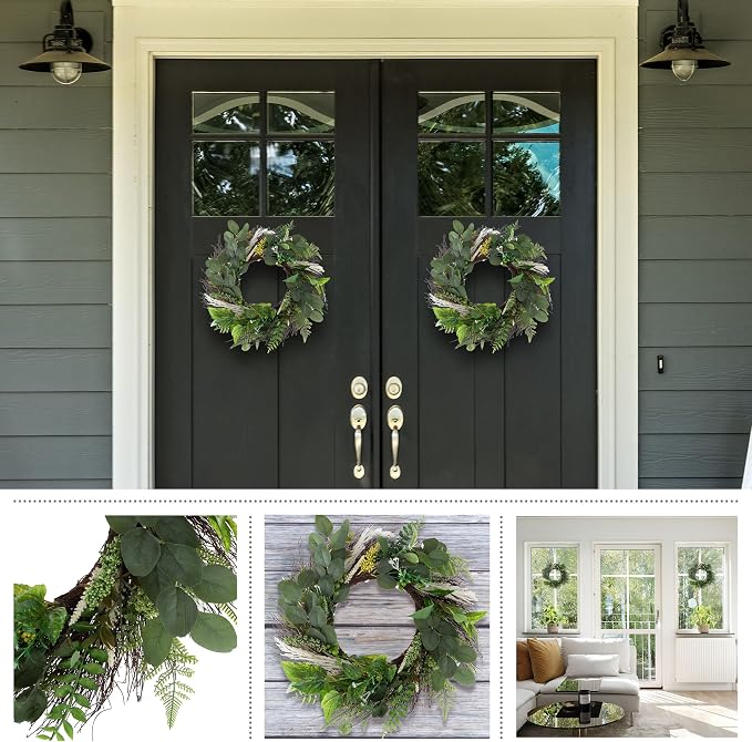 Sweet Anne Eucalyptus Wreath Set - Two 22-Inch Artificial Spring, Summer, or Fall Wreaths for Home Decor - Indoor Decor by Pure Garden