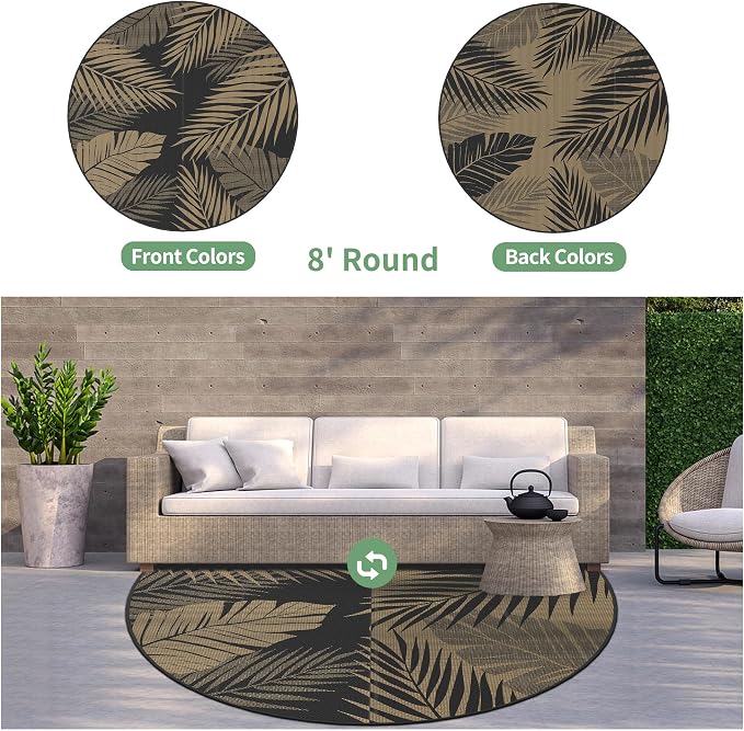 GENIMO Outdoor Rug, Waterproof Plastic Rugs for Patio, 8' Round Black Brown | Outside Larger Leaf Carpet Mat for Deck Decor, Porch, Balcony, Backyard, Camping, Picnic, Beach, RV, Reversible, Foldable