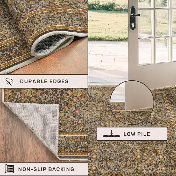 Vintage Brown 3x6 Area Rugs for Large Entryway, Bedroom Beside Rug, Kitchen, Laundry Room, Non-Slip Low Pile Ultra Soft Stain Resistant Small Floral Carpet