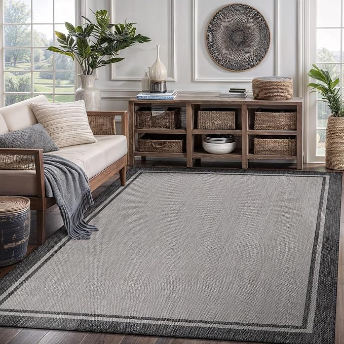 CAMILSON Indoor Outdoor Rug, 8x10 Bordered Gray Modern Area Rugs for Indoor and Outdoor Patios, Kitchen and Hallway Mats, Washable Porch Deck Outside Carpet (Bordered Grey, 8 x 10)