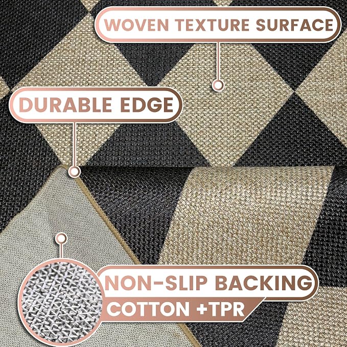 Washable Checkered Easy Jute Rug, 5x7 Black Diamond Checkerboard Boho Geometric Outdoor Indoor Patio Large Area Rugs, Low Pile Lightweight Non Slip Carpet Mat for Living Dining Room Bedroom Classroom