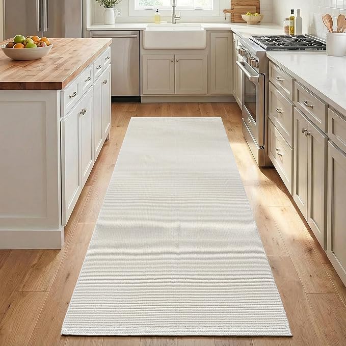 THE BEER VALLEY Woven Kitchen Runner Rug 2x6 Feet - Ivory | Non Slip Outdoor Long Entry Door Runners for Hallways, Washable Indoor Bathroom Low Profile Cream Rugs