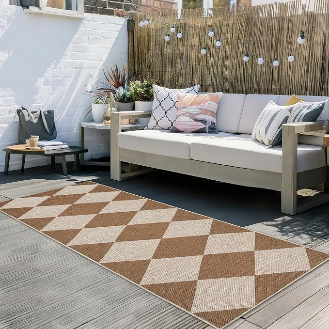 GarveeHome Checkered Easy Jute Runner Rug 2x6 Non-Slip Machine Washable Stain Resistant Indoor Outdoor Rugs for Living Room, Bedroom, Kitchen, Dining, Patio - Farmhouse Style Brown