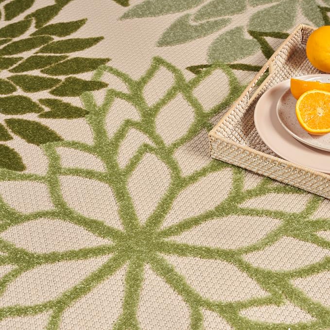 Nourison Home Aloha Indoor-Outdoor Ivory Green 10' x 14' Area Rug, Easy Cleaning, Non Shedding, Bed Room, Living Room, Dining Room, Backyard, Patio, Deck (10x14)