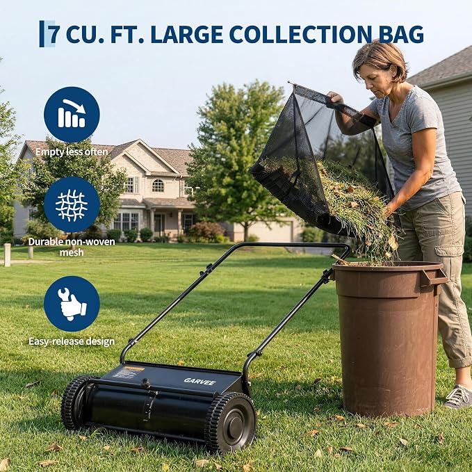 Garvee 26 Inch Push Lawn Sweeper, Walk Behind Leaf Grass Collector with 7 Cu ft Hopper Bag, Carbon Steel Frame, Yard Sweeper with Adjustable Brush Height for Garden Patio Driveway Leaves Cleanup | 7 Cu ft Hopper Bag, Carbon Steel Frame, Yard Sweeper wi...