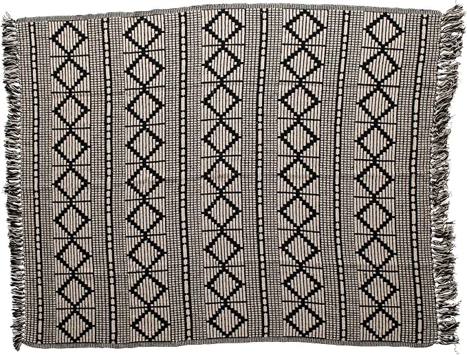 Bloomingville Soft Reclaimed Cotton Blend Throw with Diamond Pattern and Fringe, Black and Beige
