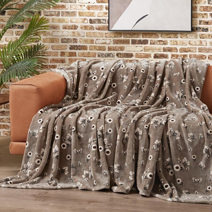 Lucky Brand Daisy Beige Floral 90"X90" Cozy Plush Blanket - Premium Microfiber Throw for Luxurious Comfort and Style Full/Queen Size