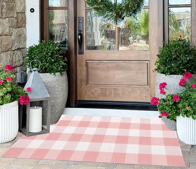 Pink and White Outdoor Rug 2'X4.3' Buffalo Plaid Checked Front Porch Rug Cotton Woven Washable Rug Layering Doormat for Welcome Door Mat Entryway Dining Room Bedroom Living Room