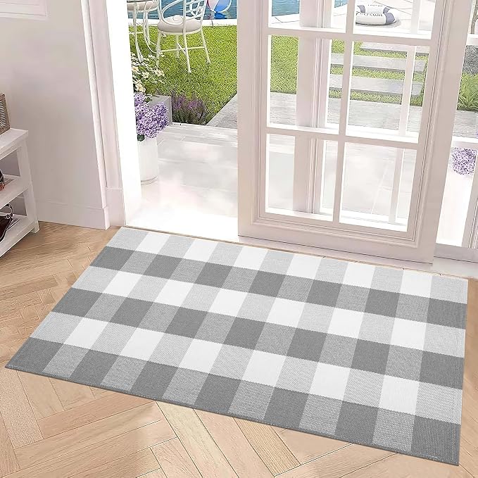 Grey and White Buffalo Plaid Rug 24''x 51''Checkered Outdoor Porch Rug Cotton Woven Machine Washable Farmhouse Mat for Indoor,Outdoor, Kitchen, Farmhouse, Entryway,Bathroom