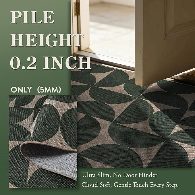 Lahome Semi Circle Easy Jute Kitchen Runner Rug, Green 2x8 Washable Runner | Non Slip Lightweight Stain Resistant Indoor Outdoor Long Carpet for Entryway Hallway Laundry