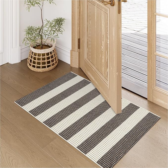 LEEVAN Door Mat Outdoor Entrance 24''x35'', Washable Striped Front Porch Rug, Black and White Buffalo Welcome Mat, Spring Outside Entryway Rugs, Cotton Woven Indoor Outdoor Layered Doormats