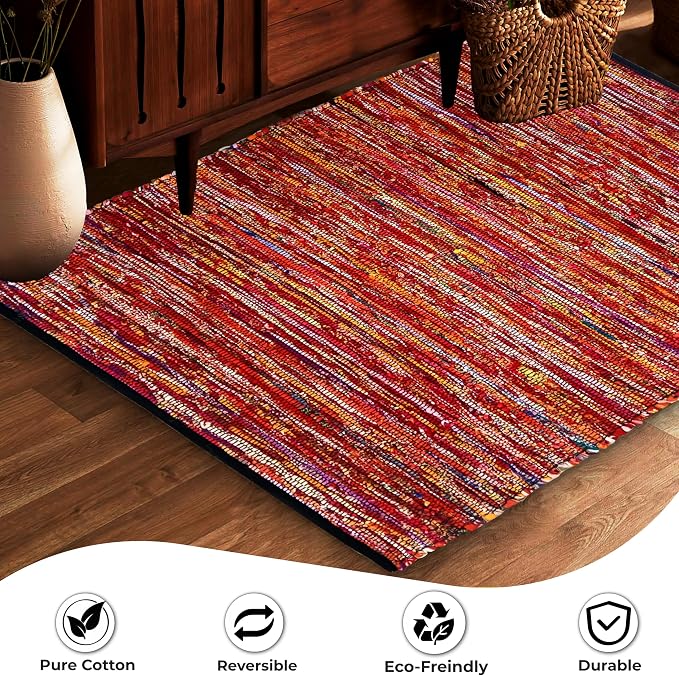 Ramanta Home Cotton Chindi Hand Woven Rug - 3x5 ft Multi Color, Reversible Area Rugs for Living Room, Kitchen, Bedroom, Biodegradable Bohemian Throw Carpet for Hpme & Office Patio - 36x60 Inches