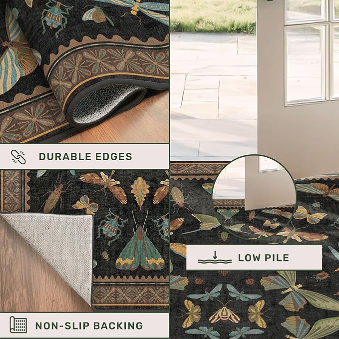 3x5 Entryway Rug Non Slip Washable - Black Throw Rug for Kitchen, Mudroom, Bedroom Bedside, Insect Boho Vintage Aesthetic Décor
