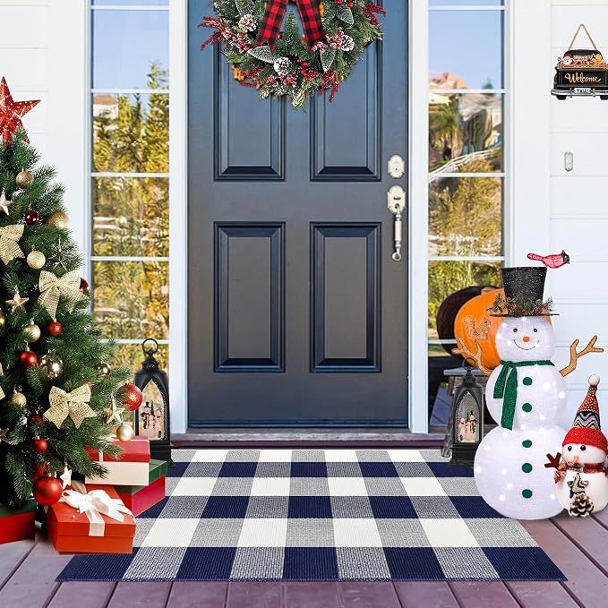 Buffalo Plaid Outdoor Rug 2x3 Cotton Woven Navy and White Checkered Doormat Washable Front Porch Mat Fall Layered Carpet for Indoor Outdoor Entryway Farmhouse Decor Area Rug