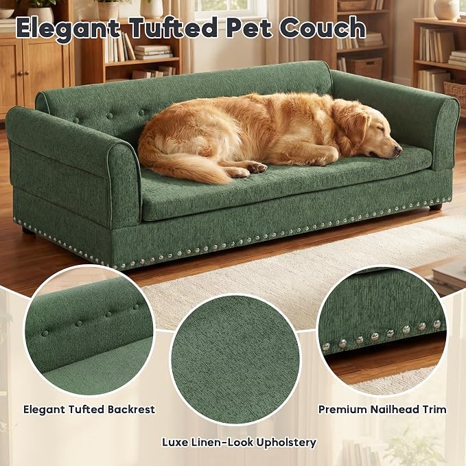 Elevated Dog Sofa for Medium to Large Dogs, Button Tufted Dog Couch Bed with Backrest and Armrests, Durable Memory Foam Pet Bed, Removable Cushion for Medium and Large Dogs, Green