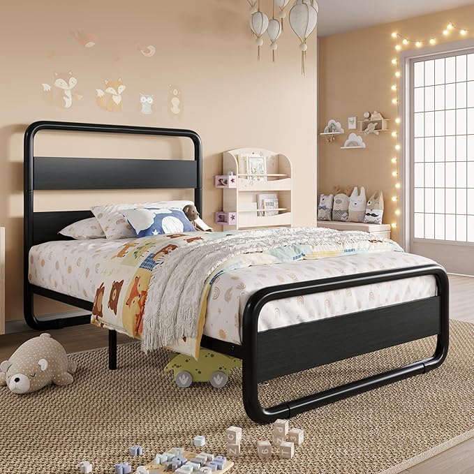 SHA CERLIN Twin Size Metal Bed Frame with Wooden Headboard and Footboard, Heavy Duty Oval-Shaped Platform Bed Frame with 10" Under-Bed Storage, Heavy Duty Slats Support, No Box Spring Needed, Black