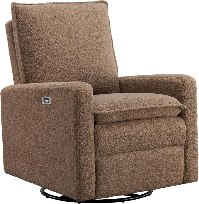 Oxford Baby Uptown Power Glider Recliner Rocking Chair 270° Swivel for Nursery and Living Room, Teddy Brown, Green Guard Gold Certified