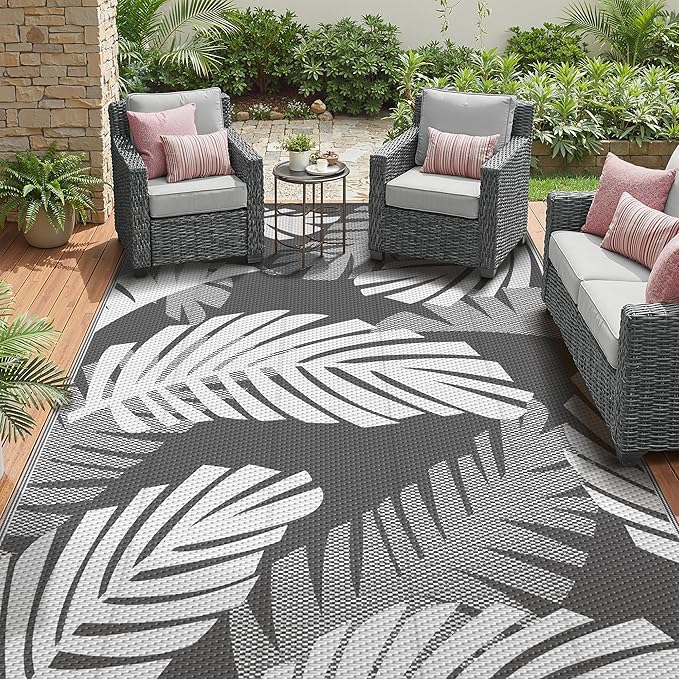 GENIMO Outdoor Rug, Waterproof Plastic Rugs for Patio, 6'x9' Grey White | Outside Larger Leaf Carpet Mat for Porch Decor, Deck, Balcony, Camping, RV, Backyard, Picnic, Beach, Reversible, Foldable