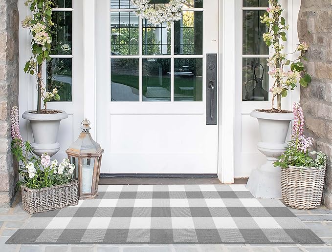 Grey and White Front Porch Rug 2'X4.3' Buffalo Plaid Outdoor Rug Cotton Woven Washable Indoor Outdoor Area Rug for Welcome Door Mat Entryway Dining Room Bedroom Living Room