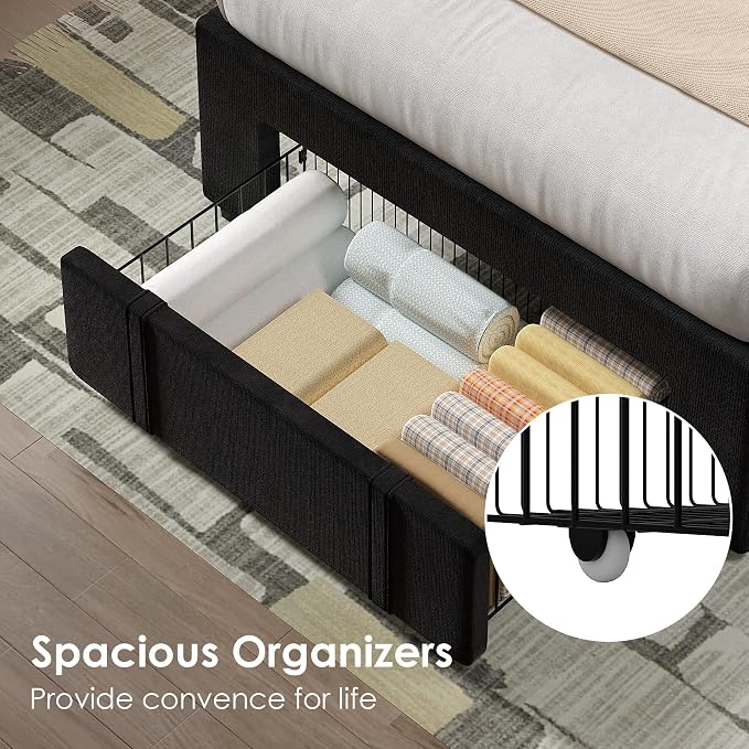 VECELO Twin Size Upholstered Bed Frame with Storage Drawer, Adjustable Velvet Rivet Decor Headboard, Wooden Slats Platform Support, No Box Spring Needed, Easy Assembly,Black