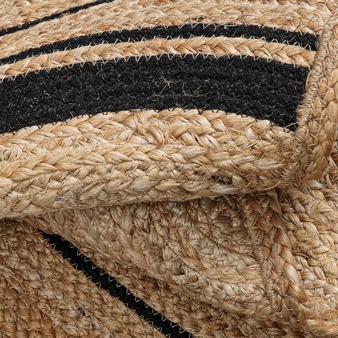 Boho Braided 1.5x3 Area Rug - Jute Natural Fiber Half Round Rug for Living Room Entryway, Farmhouse, Home, Indoor Rugs Jute Door mat for Bathroom, Kitchen (Black Natural, 1.5 X 3 ft)