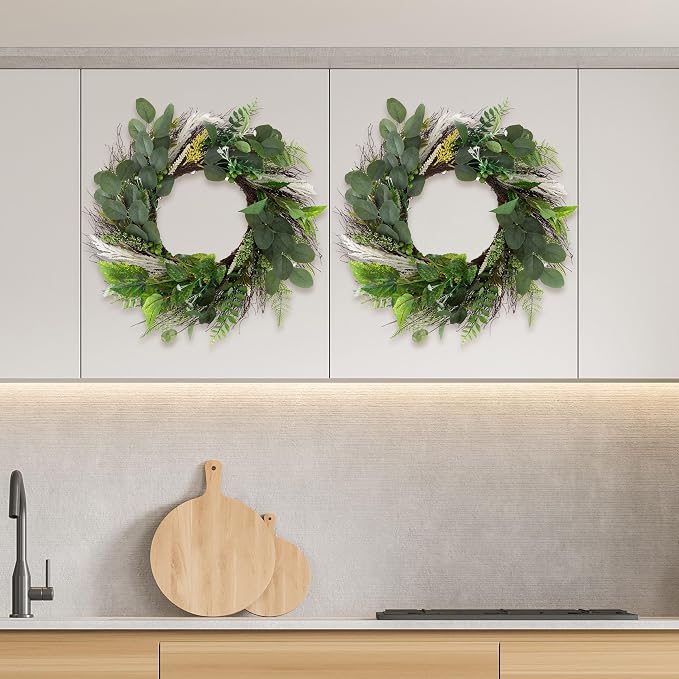 Sweet Anne Eucalyptus Wreath Set - Two 22-Inch Artificial Spring, Summer, or Fall Wreaths for Home Decor - Indoor Decor by Pure Garden