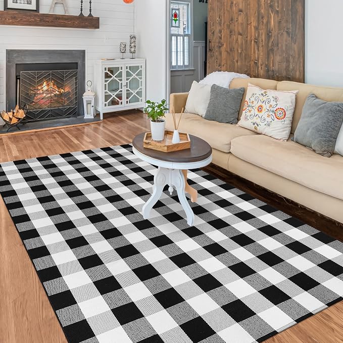 Buffalo Plaid Rug 5x8 Feet Black and White Checkered Area Rug Cotton Indoor Outdoor Washable Farmhouse Decor